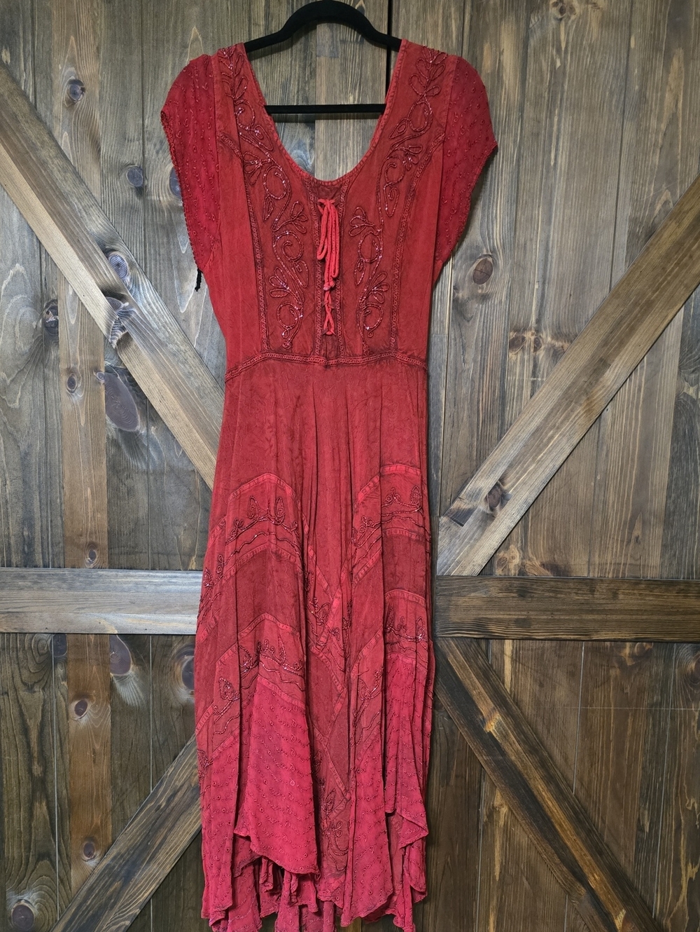 Red Embroidered Midi Dress with Tie Waist